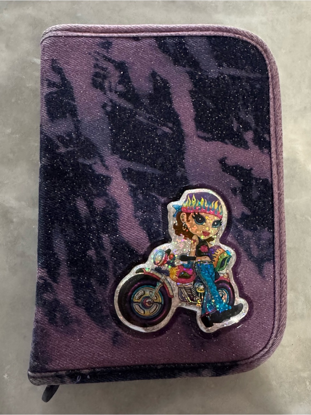 Lisa Frank Purple Glitter Case with Colorful Motorcycle Girl Sticker
